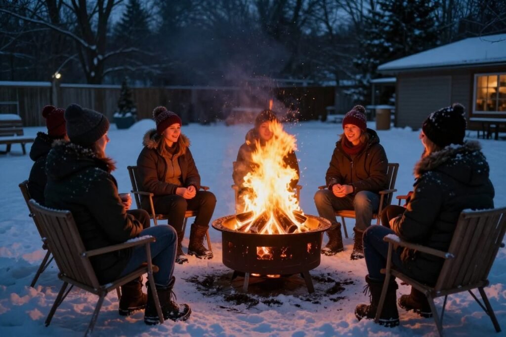 winter fire pit scene with snow and cold weather setup