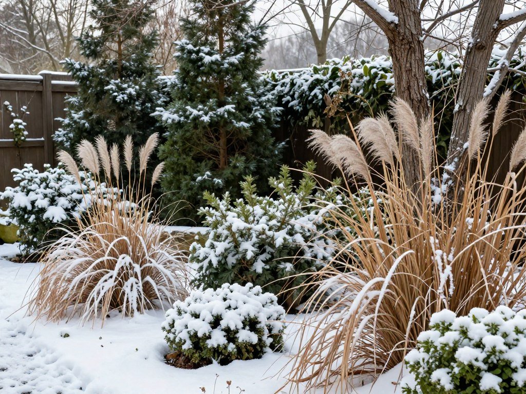 winter garden showing evergreen structure with snow and ornamental grass seedheads