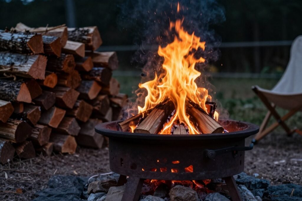 wood-burning fire pit with logs and natural flames