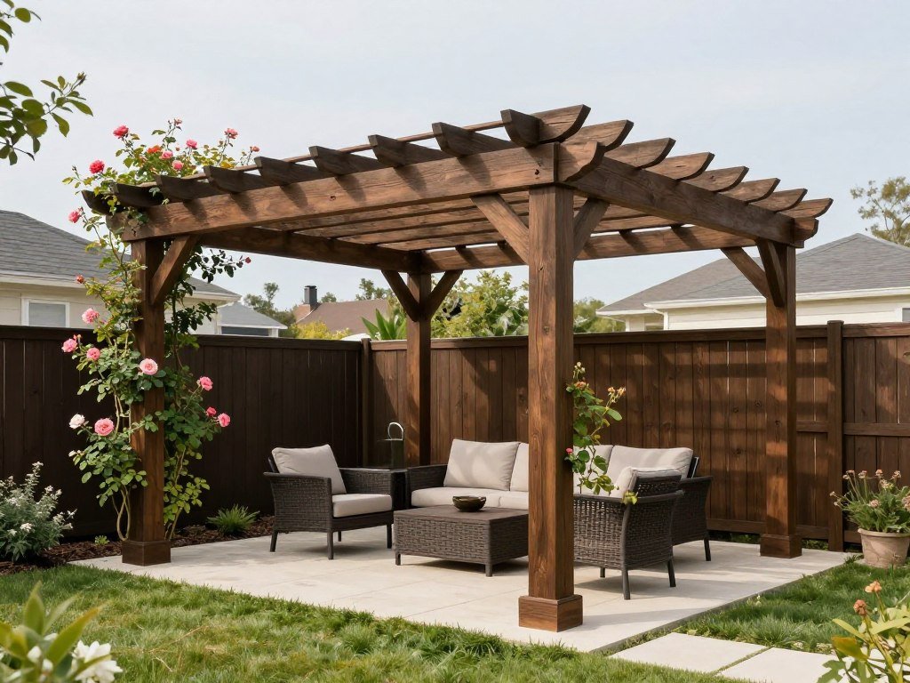 wooden pergola as architectural focal point in small backyard space