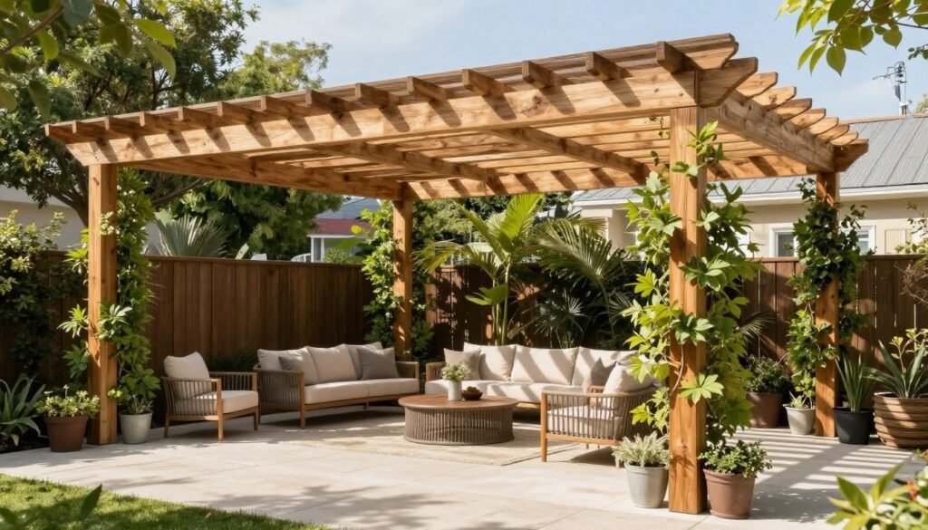 wooden pergola over patio seating area