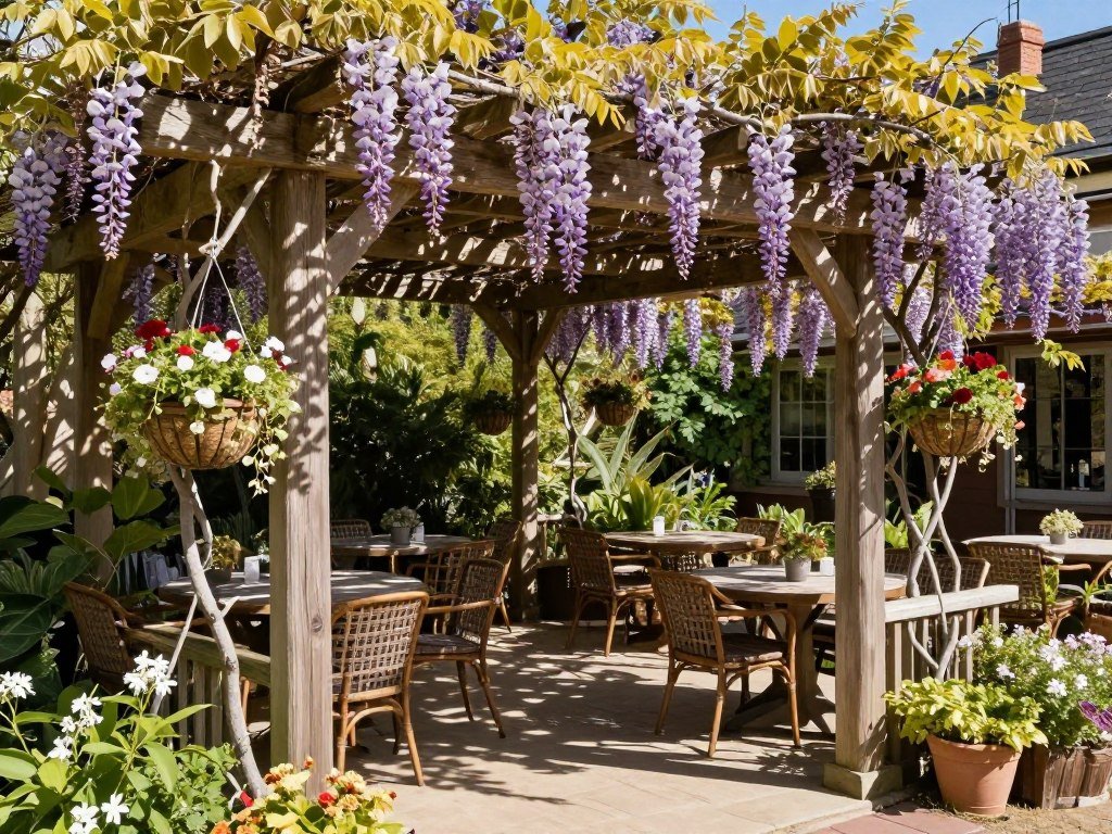 wooden pergola structure over patio with climbing vines and hanging plants
