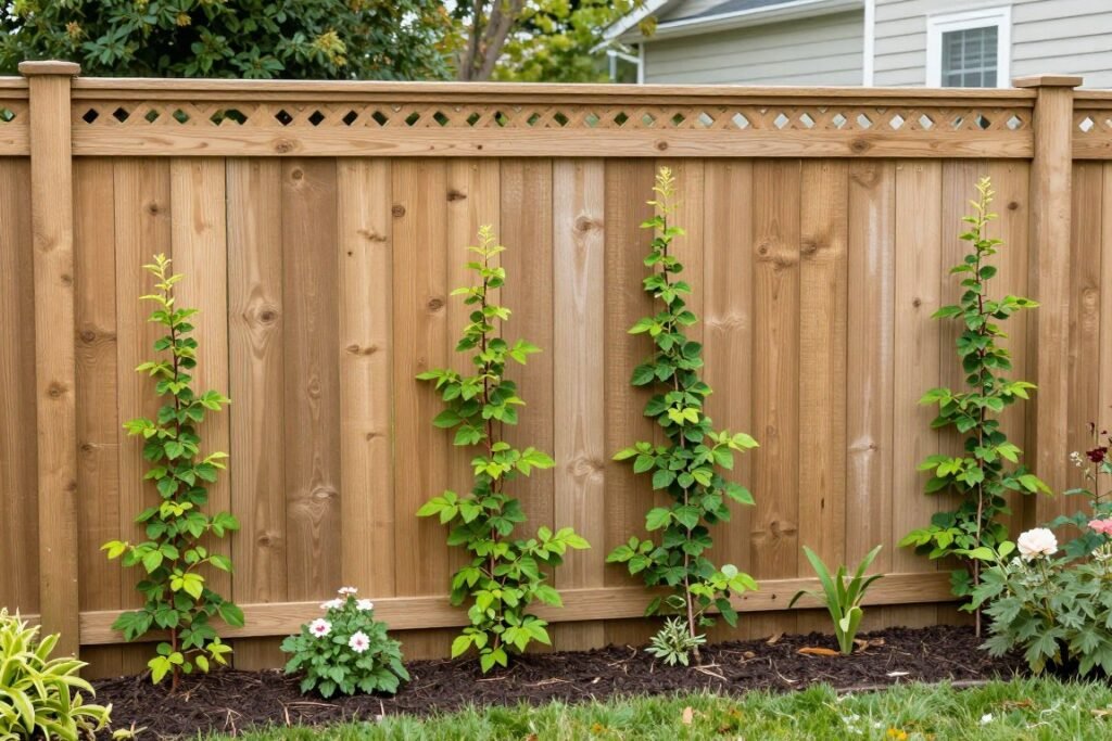 wooden privacy fence with decorative top and climbing plants at base