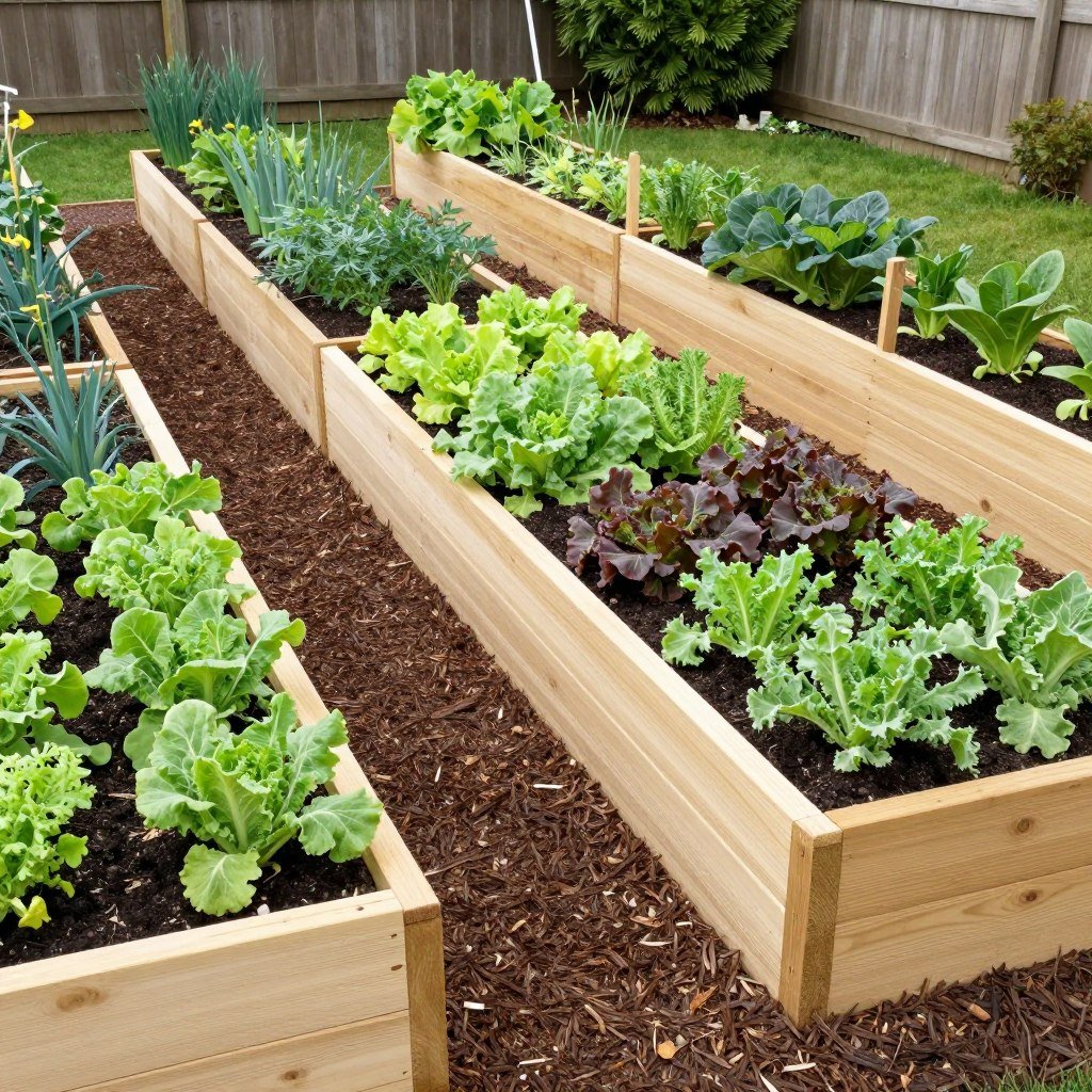 wooden raised garden beds with vegetables