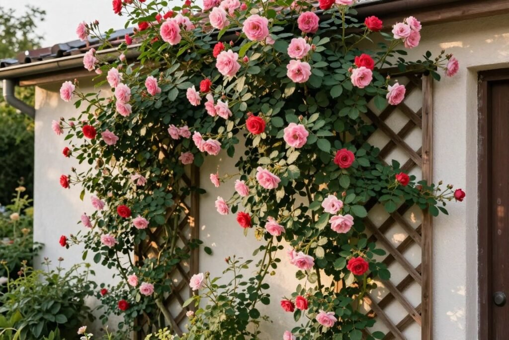 wooden trellis attached to house wall with climbing roses in full bloom