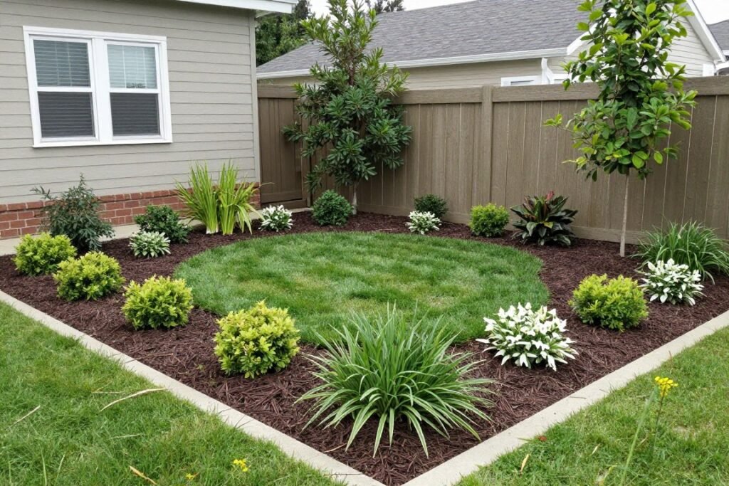 yard with reduced lawn and expanded planting beds